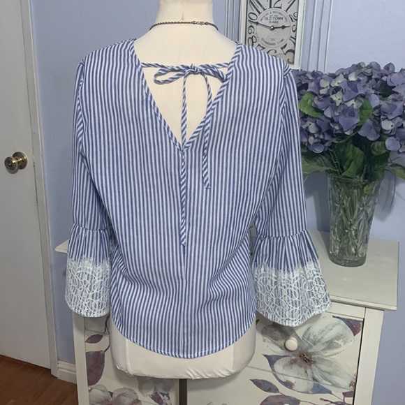 Given as Gift Blue and White Bell Sleeved Blouse - Picture 5 of 7
